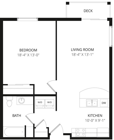 Floor plan for 1 bed, 1 bath, 741 sqft